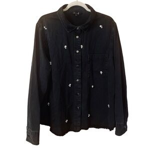 Jewel Embellished Black Chambray Button Down Shirt